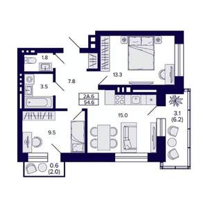 2-к квартира, вторичка, 55м2, 6/11 этаж
