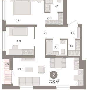 2-к квартира, вторичка, 72м2, 13/15 этаж