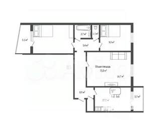 3-к квартира, вторичка, 73м2, 9/10 этаж