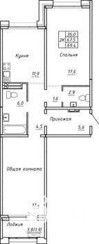 2-к квартира, вторичка, 69м2, 9/15 этаж