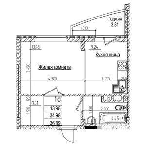 1-к квартира, строящийся дом, 35м2, 9/16 этаж