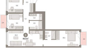 3-к квартира, вторичка, 87м2, 2/23 этаж