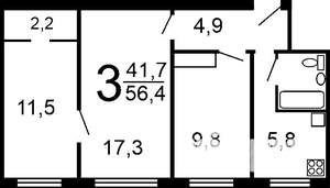 3-к квартира, вторичка, 56м2, 8/9 этаж