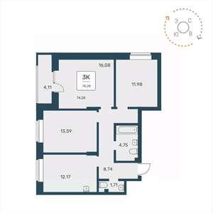 3-к квартира, вторичка, 74м2, 22/25 этаж