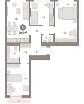 3-к квартира, вторичка, 90м2, 3/12 этаж