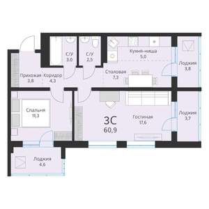 3-к квартира, вторичка, 61м2, 8/16 этаж
