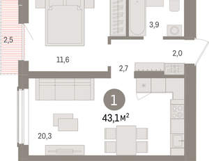 1-к квартира, вторичка, 43м2, 12/15 этаж