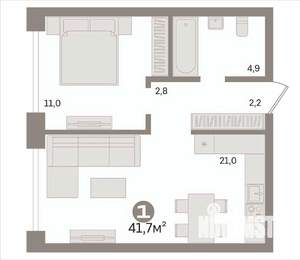 1-к квартира, строящийся дом, 42м2, 2/8 этаж