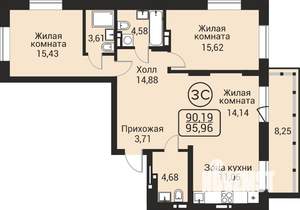 3-к квартира, строящийся дом, 90м2, 4/24 этаж