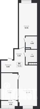 2-к квартира, строящийся дом, 75м2, 6/9 этаж