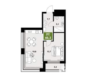 1-к квартира, строящийся дом, 46м2, 5/13 этаж
