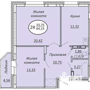 2-к квартира, строящийся дом, 64м2, 22/25 этаж