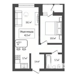 1-к квартира, вторичка, 43м2, 16/17 этаж