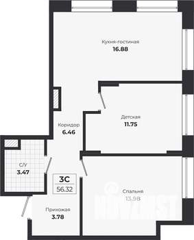 2-к квартира, строящийся дом, 56м2, 1/9 этаж