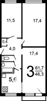 3-к квартира, вторичка, 60м2, 4/9 этаж