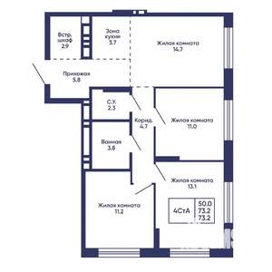 4-к квартира, вторичка, 73м2, 2/24 этаж