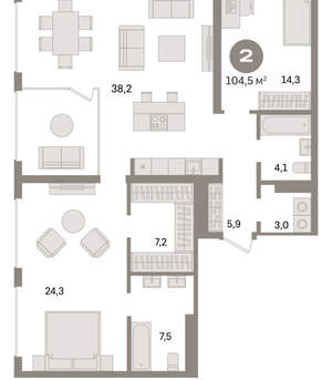 2-к квартира, сданный дом, 113м2, 20/24 этаж