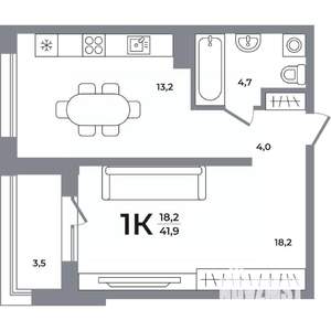 1-к квартира, вторичка, 41м2, 14/17 этаж