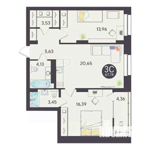 3-к квартира, строящийся дом, 68м2, 2/10 этаж