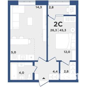 2-к квартира, вторичка, 45м2, 5/9 этаж