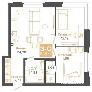 3-к квартира, вторичка, 61м2, 2/24 этаж