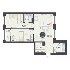 3-к квартира, вторичка, 63м2, 9/10 этаж