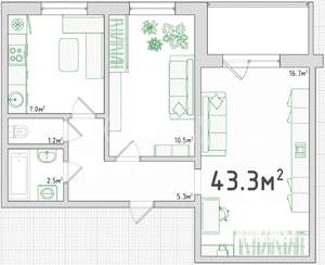 2-к квартира, вторичка, 43м2, 3/10 этаж