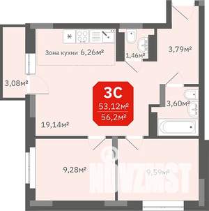2-к квартира, строящийся дом, 56м2, 13/17 этаж