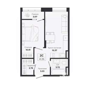 2-к квартира, строящийся дом, 38м2, 5/9 этаж