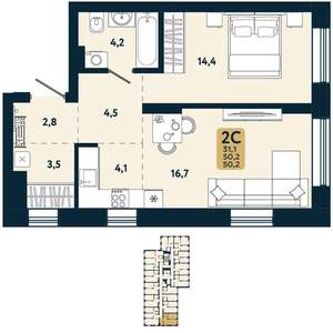 2-к квартира, вторичка, 50м2, 5/25 этаж