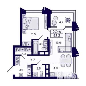 2-к квартира, вторичка, 48м2, 3/8 этаж