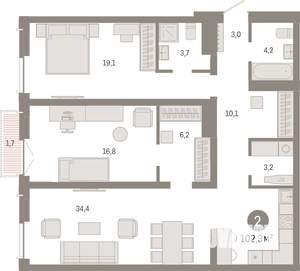 2-к квартира, вторичка, 102м2, 5/23 этаж