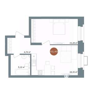 1-к квартира, вторичка, 43м2, 2/15 этаж