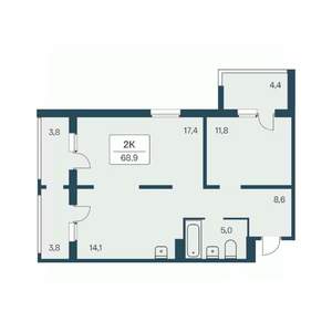 2-к квартира, вторичка, 68м2, 1/17 этаж