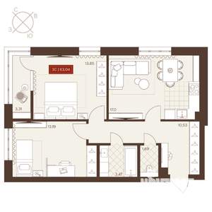 3-к квартира, вторичка, 63м2, 9/24 этаж