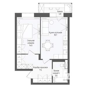 2-к квартира, вторичка, 51м2, 9/18 этаж