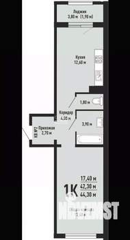 1-к квартира, сданный дом, 44м2, 12/17 этаж