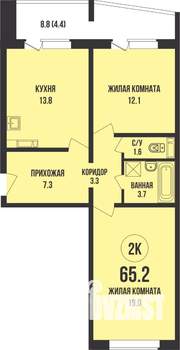 2-к квартира, строящийся дом, 65м2, 11/13 этаж