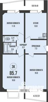 3-к квартира, строящийся дом, 86м2, 1/13 этаж