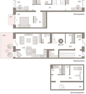 3-к квартира, сданный дом, 156м2, 2/11 этаж
