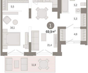 1-к квартира, вторичка, 70м2, 1/17 этаж