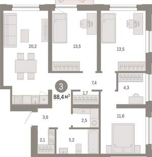 3-к квартира, вторичка, 88м2, 12/17 этаж