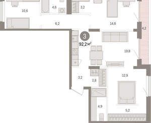 3-к квартира, вторичка, 92м2, 9/15 этаж
