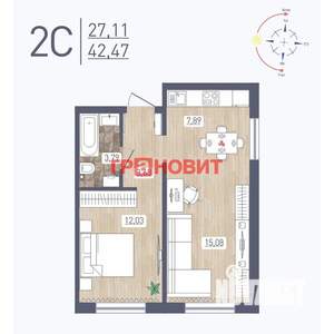 2-к квартира, вторичка, 42м2, 1/17 этаж