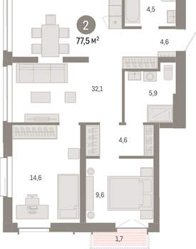2-к квартира, вторичка, 77м2, 12/23 этаж