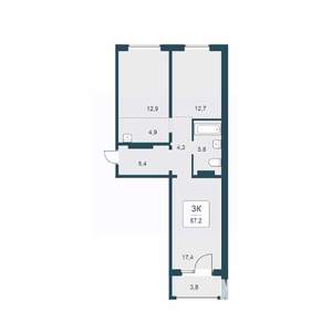3-к квартира, вторичка, 67м2, 2/18 этаж