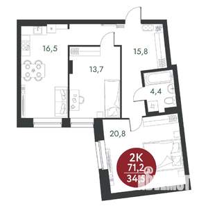 2-к квартира, строящийся дом, 71м2, 3/12 этаж