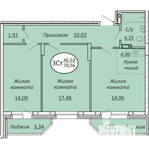3-к квартира, вторичка, 71м2, 21/25 этаж