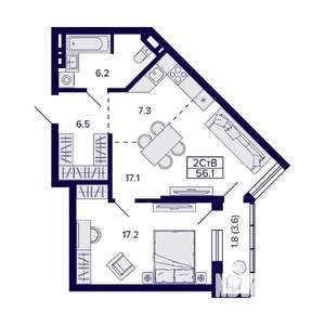 2-к квартира, вторичка, 56м2, 16/30 этаж