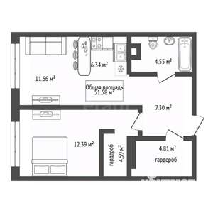 1-к квартира, вторичка, 52м2, 15/24 этаж